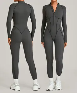 Newest Simple Custom Long Sleeves Zipper Tight Butt Lift Leggings Gym Jumpsuit Fitness Outdoors Women Yoga Bodysuit