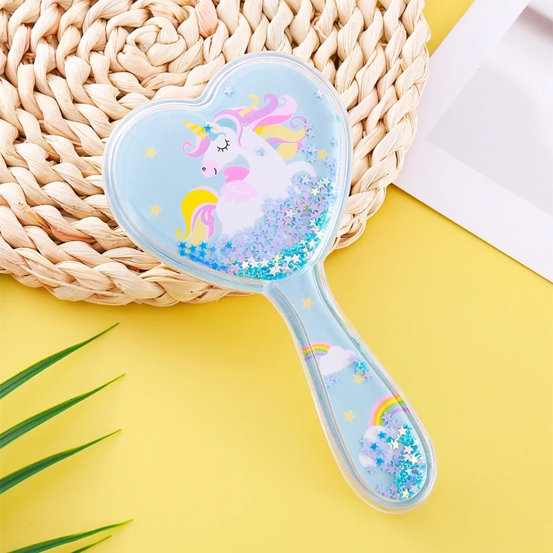 Hot Selling Compact Heart Shape Transparent Blue Unicorn Pattern Hairbrush Cute Cartoon Pink Mermaid Pattern Hairbrush for Girls