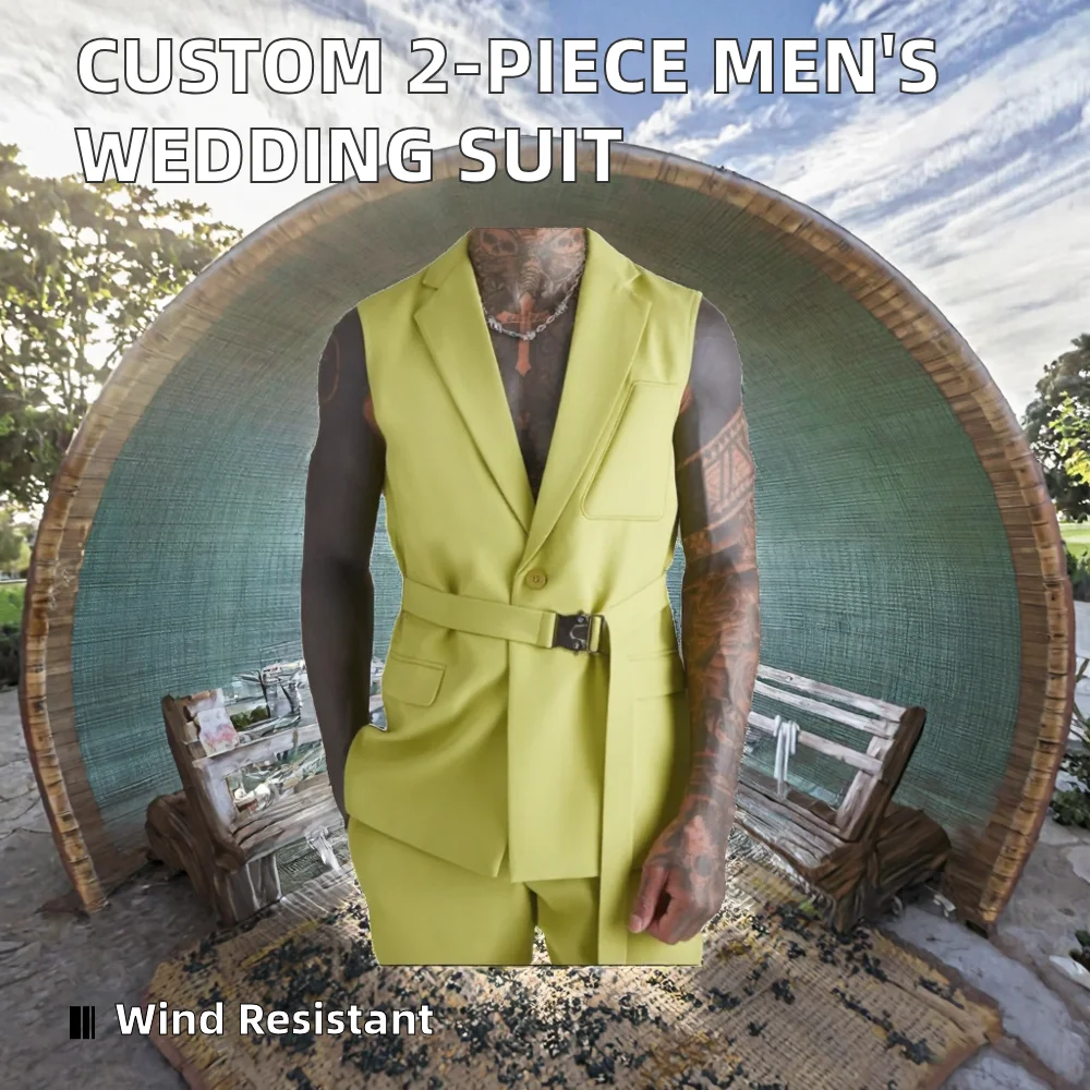 Made 2 Pieces Men's Wedding Dress Latest Design Sleeveless Terno Masculino Buckle Belt Flat Front Vest+Pant for Groom