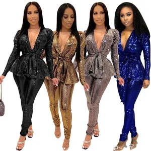 2026 New Arrival Women's Autumn Winter Skinny Elegant Long-sleeved Sequined Two-piece Set with Belt V-neck Top and Pants Suit