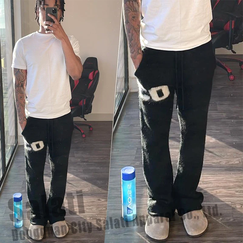 High Quality Custom Unisex Flare Sweatpants Trousers Stacked Fuzzy Pants Printed Jogger Streetwear Mohair Flared Pants for Men
