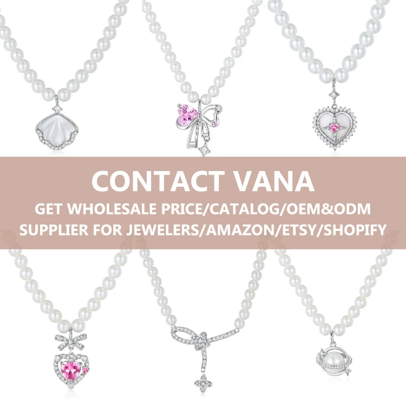 VANA Designer Bow Pink Zircon Pearl Beads Collar 925 Sterling