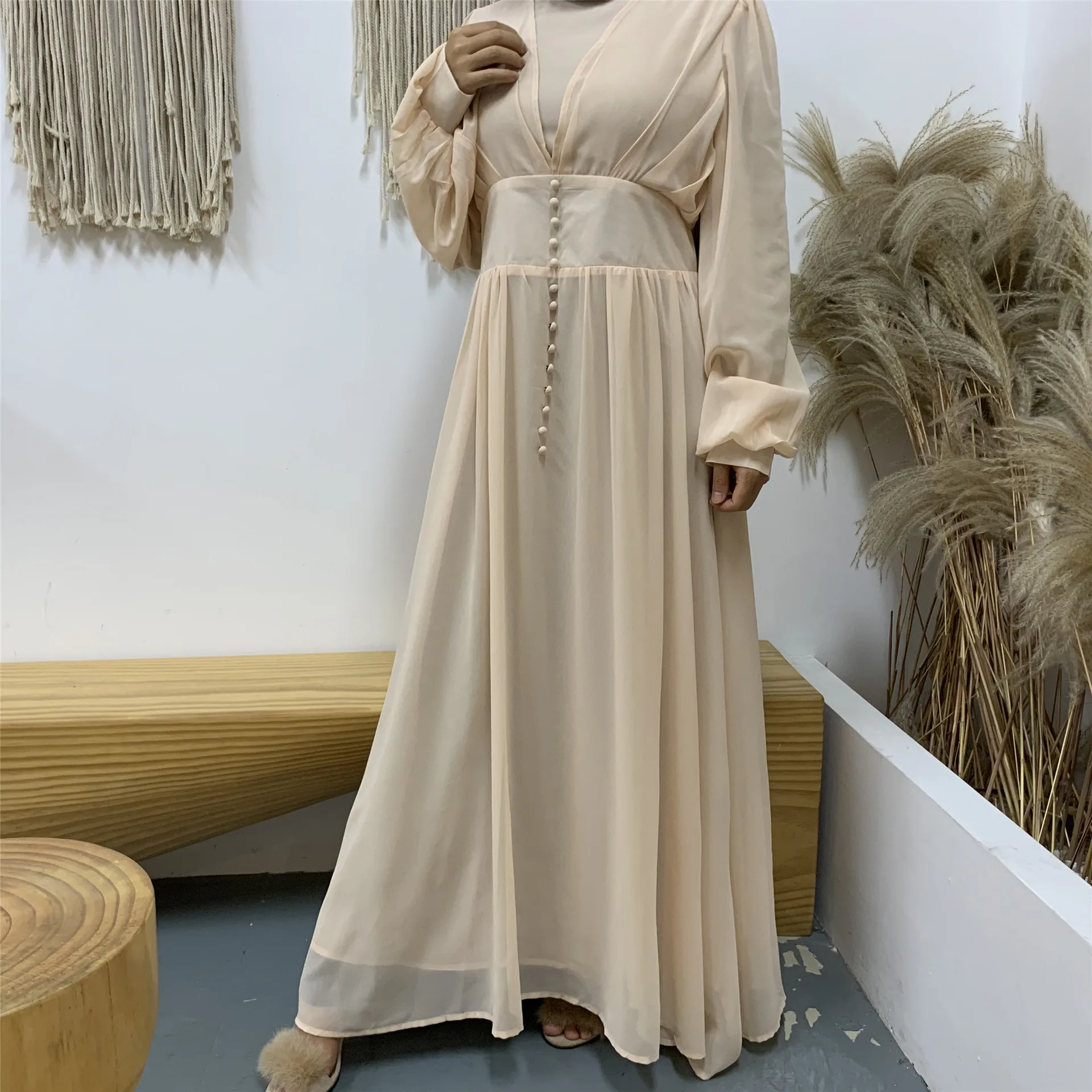open lace back dress Elegant Pleated Abaya Dress with Diamond Embellished Collar & Waist main image 1