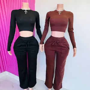 OEM High Quality Women's Daily Wear Crop Top Baggy Sweatpants Set Custom Logo Double-Waisted Knit Cotton-Made Huili Manufacturer