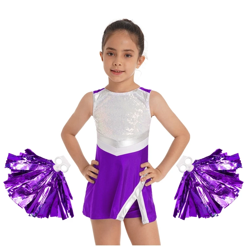 In Stock Kids Girls Sleeveless Shiny Sequins Adorned Dress Dance Outfit ...