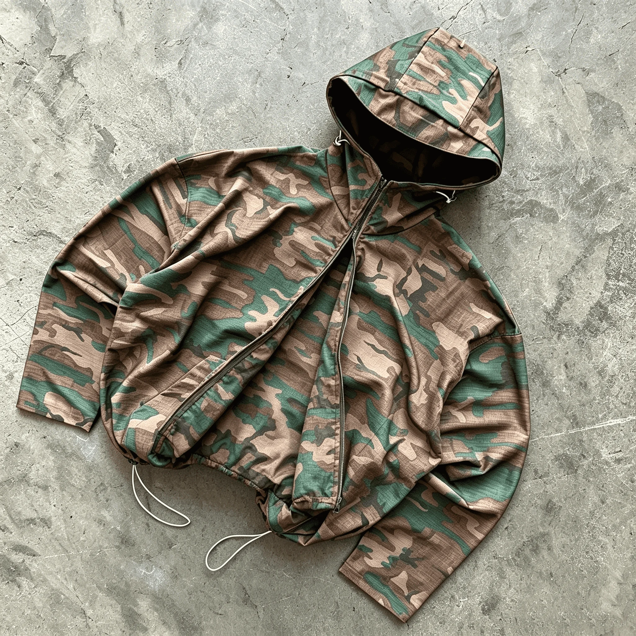 Custom Hooded Twill Cotton Hunting Jacket for Men,Woodland Camo Pattern Printed Outwear Jacket with Drawstring Design gallery 7