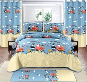 New Model Children's Twin Size Bedding Set 7pcs Quilted Bedspread Set with Fitted Sheet Carpet Curtains Kid Bedding Set