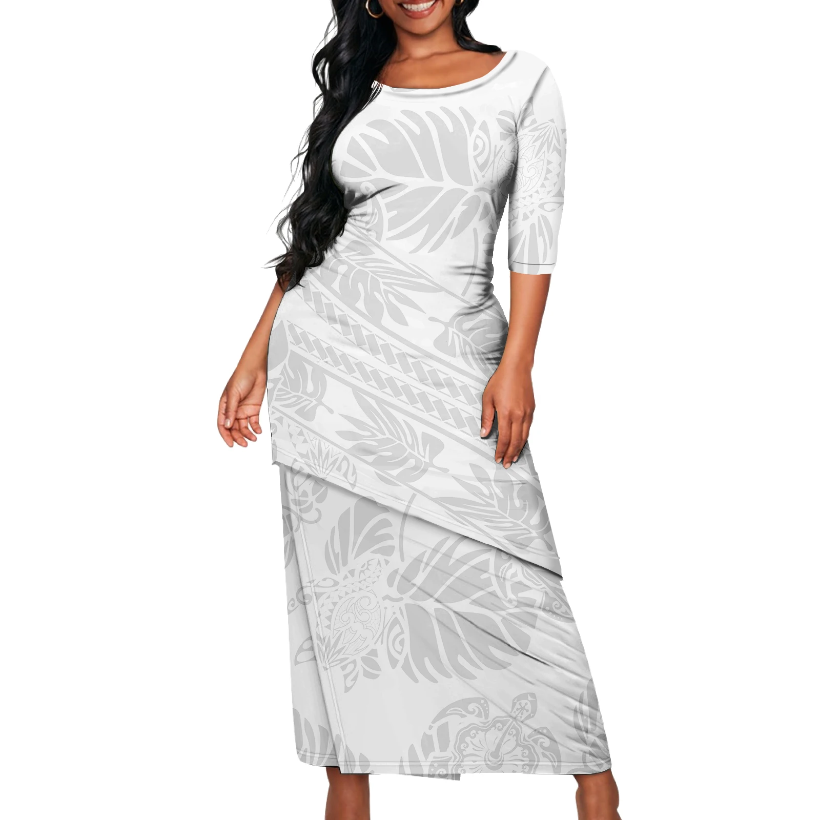 Island Two Pieces Puletasi Hawaii White Polynesian Tribal Print Lady O-neck  Top and SKirt 2 Pcs Puletasi Dresses for Party Dress