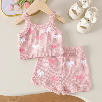 Sweet Floral Infants' Casual Camisole and Shorts Suit Solid Pink Worested Fabric New Style for European and American Children