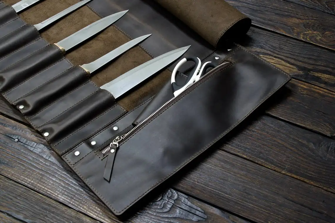 Leather Knife Roll Kit Custom Tool Storage Bag Genuine Leather Air & Sea Lightweight Lifetime Puratan Unique Tool Storage