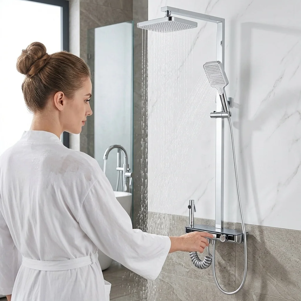 Modern Smart LED Digital Display Rainfall Shower System Heavy Duty Brass Body 4-Function Piano Key Controls Chrome OEM Wholesale