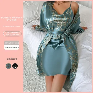 Plus Size Satin Two-Piece Set Sexy Printed Lace-Up Robe and Nightgown Elastic Waist Home Wear; Casual Summer Pajamas