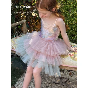 YOEHYAUL 25074 Girls Mermaid Princess Dress Summer Kids Pink Tulle Dress Stereo Sequin Girls Sweet Halter Dress for Toddlers