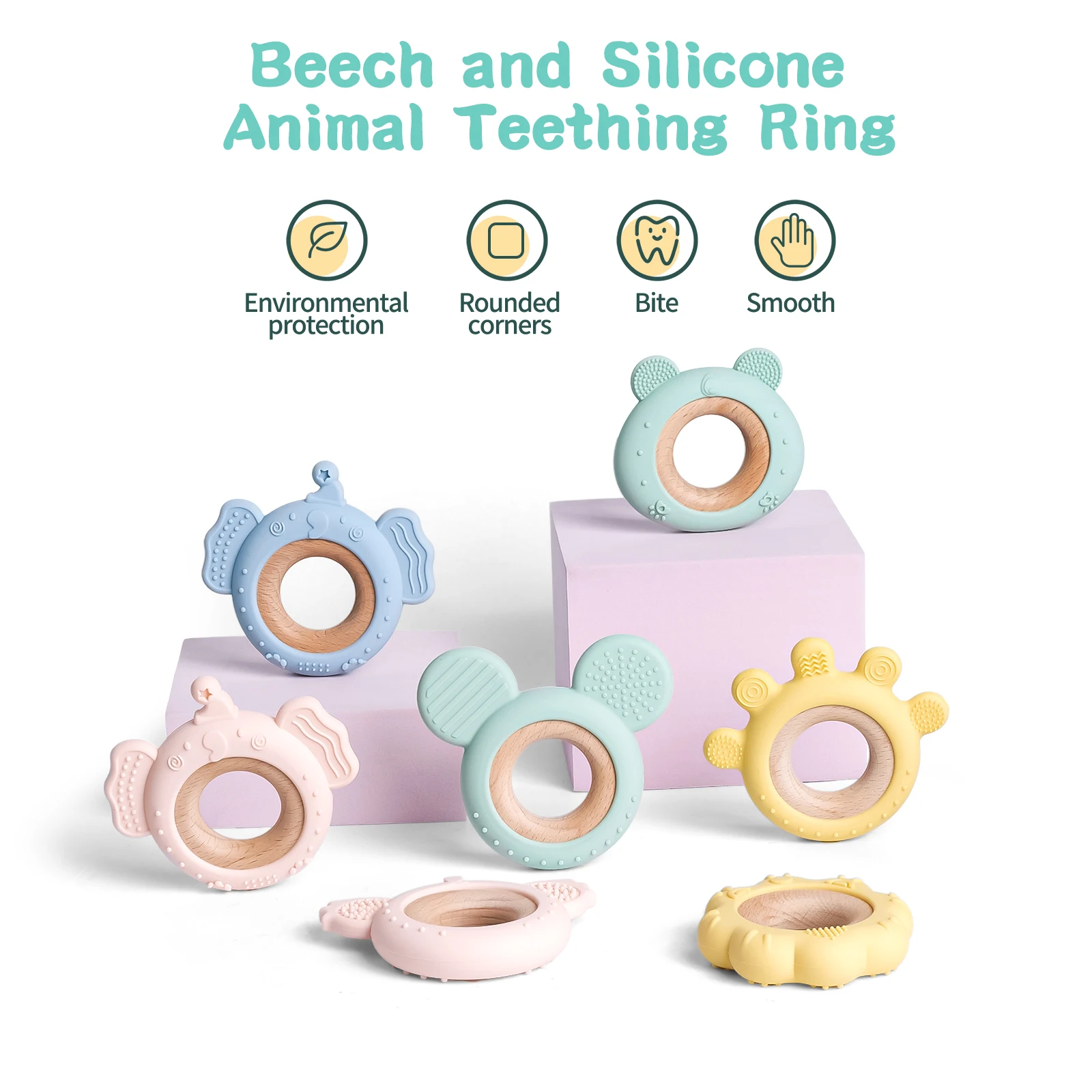 2024 New Bpa Free Colorful Animal Shape Baby Chew Toy Teether Wooden