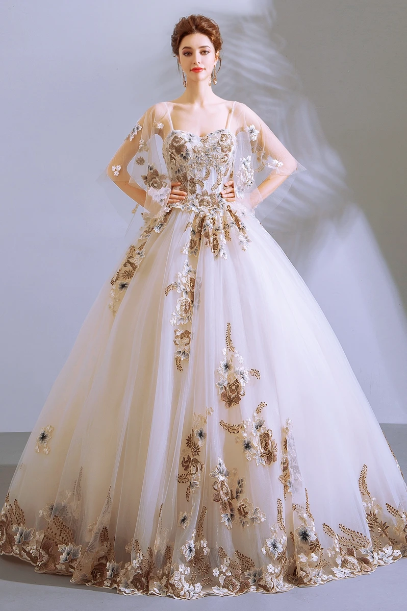 Off The Shoulder Appliqued Lace A Line Bridal Puffy Ball Wedding Dress 2020  For Women
