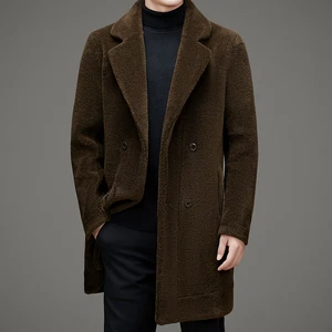Stylish Luxury Sheep Wool Fur Coat Long Style Turn Down Collar Single Breasted Men Shearling Fur Coat