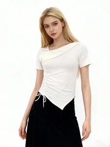 High Quality Fashion Asymmetrical Cross Neck Elegant Cropped Shirts Slim Fit Tie Ruched Shirring Design Shirt Women