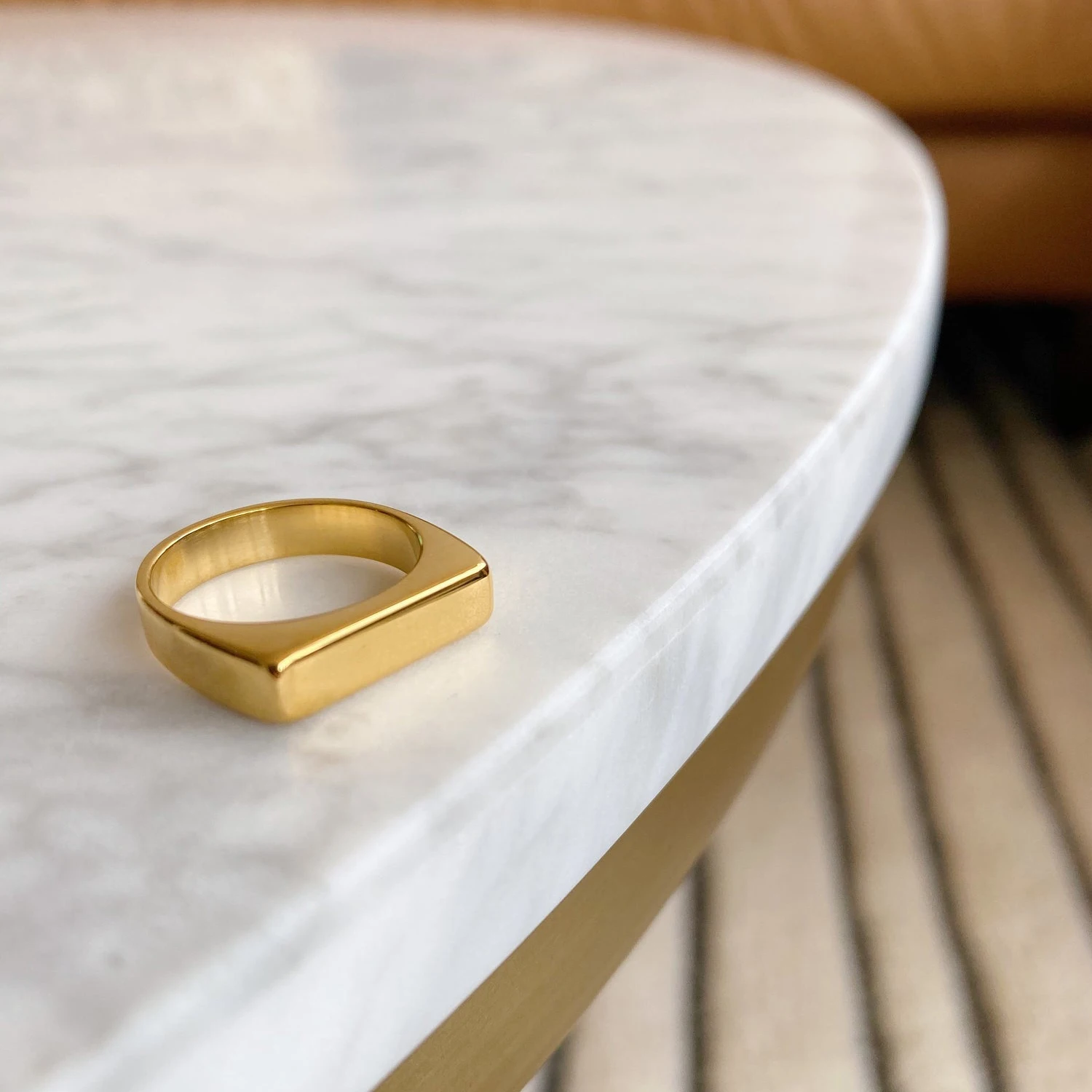 Simple 18k Gold Thick Rectangular Bar Signet Ring for Women Gold Custom Name Flat Bar Stackable Rings Minimalist Jewelry
