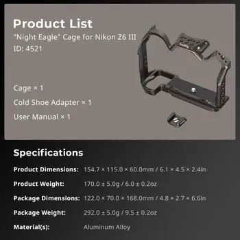 SmallRig Night Eagle Z6III Camera Cage for Nikon Z6 III, Aluminum Alloy Full Cage for Microphone and Light - 4521 product image