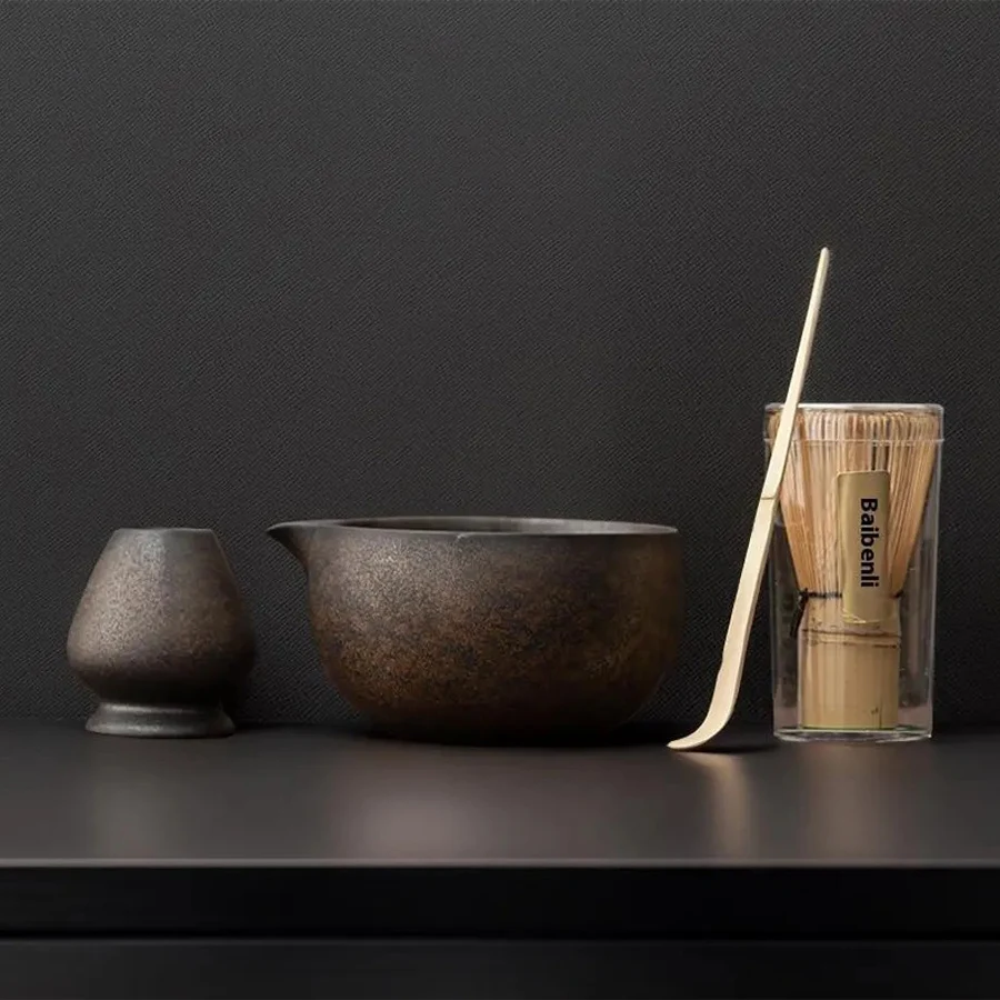 New Japanese Gift Box Matcha Set Whisk and Bowls Custom logo Matte Black White Ceramic Matcha Bowl with Spout