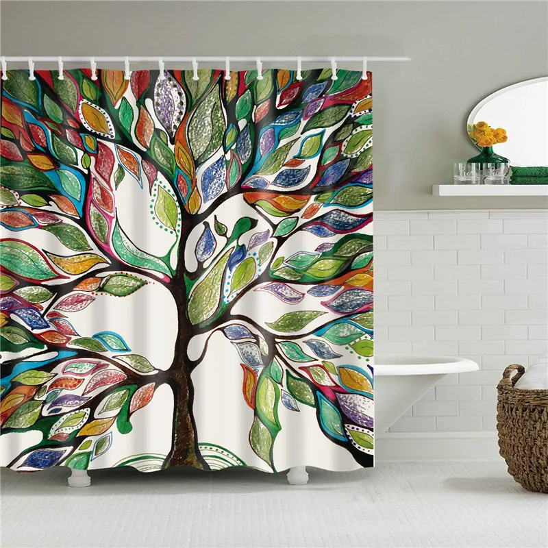 Colored Seasons Tree Shower Curtain for Bathroom with 12 Hooks Oil Painting Tree Shower Curtain