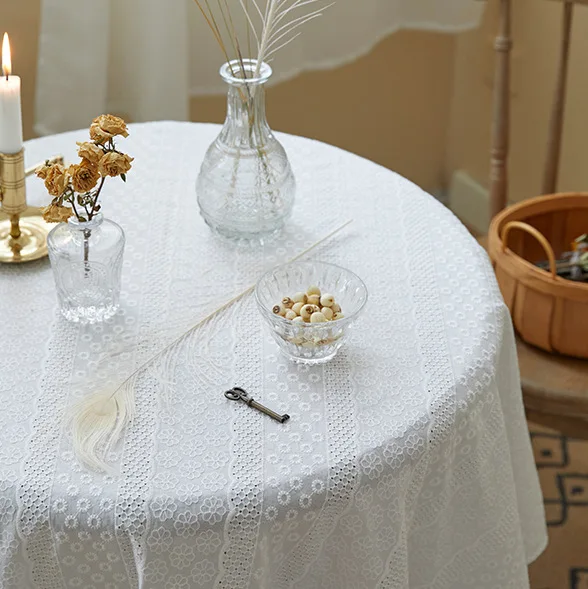 Plain White Embroidered Lace Floral Center Tablecloth Round Hand ...