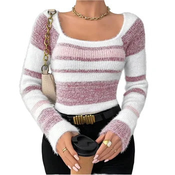 The new autumn/winter style is a pure contrast temperament waist square-neck knitted top