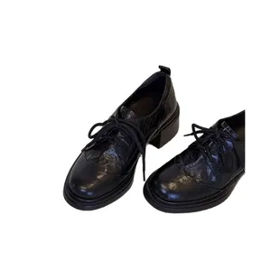 Cowhide Thick Bottom Small Women's British Style Lace-up Black High Heels Loafers Summer Spring Autumn All Seasons