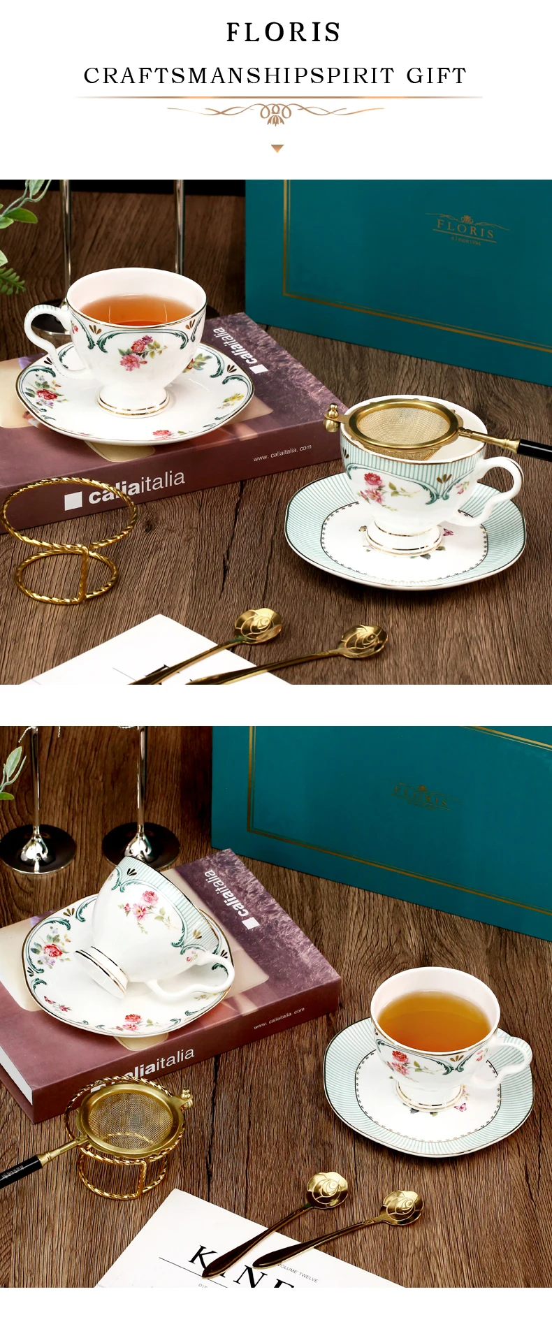 product taohui fresh green elegant and fashionable gift ceramics fine bone china porcelain coffee cup and saucer set-2
