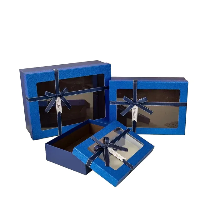 Transparent PVC window three sizes gift box set with bow gift packaging display paper box Shiny birthday gift packaging box