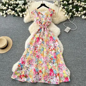 Women's Elegant Fairy Sleeveless Floor-Length Mermaid Dress Casual Woven Natural Floral Print French Style Ruffled Belt Slimming
