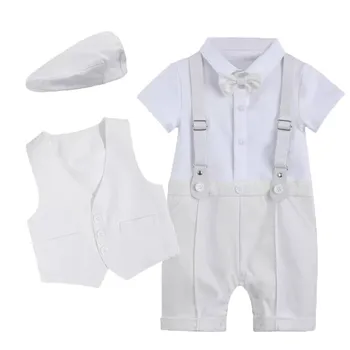 Summer Kids Gentlemen Bodysuit With Straps Trousers Newborn Clothing Infant Baby Boys Baptism Clothes Suit
