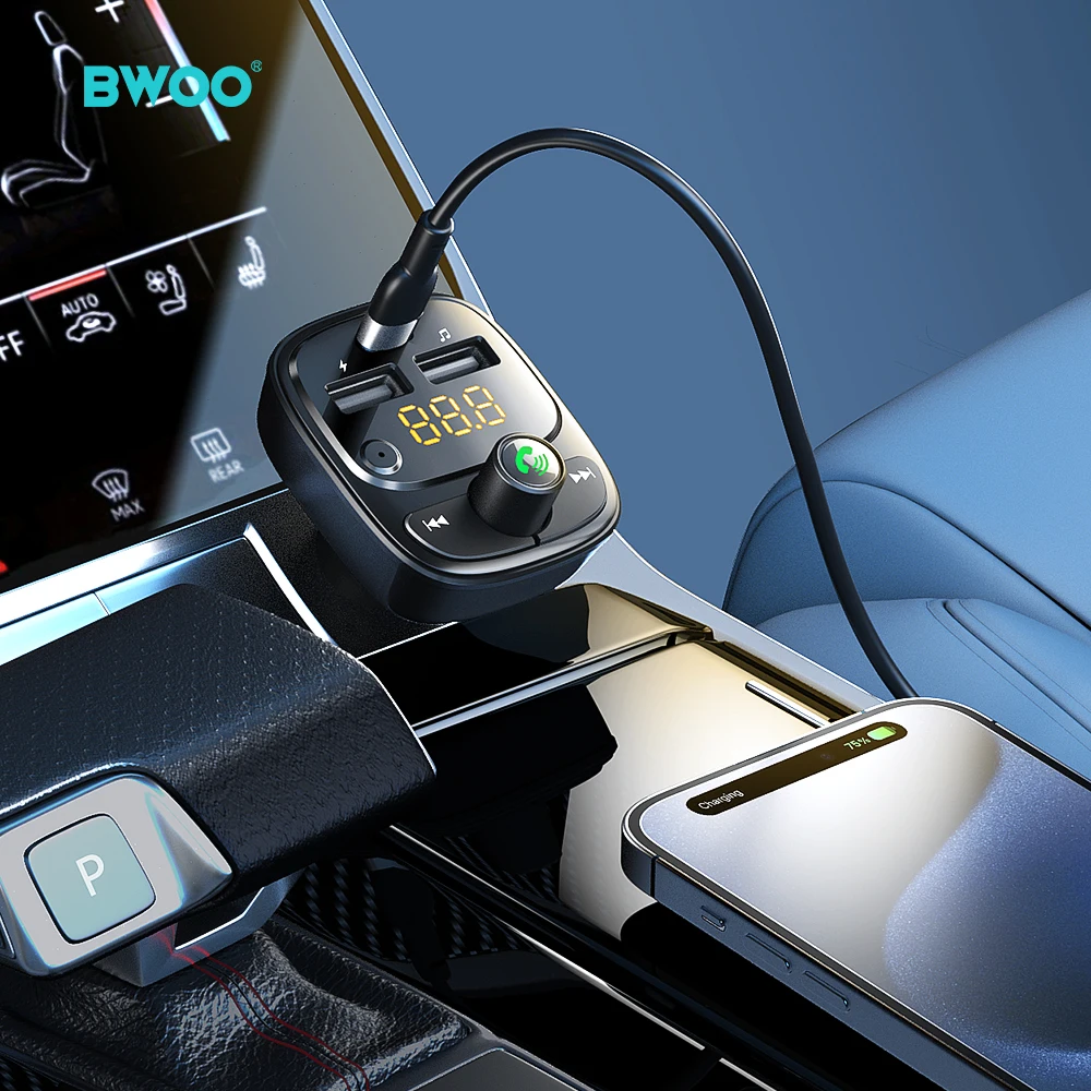 BWOO 30W Type C Dual USB Port Car Charger Adapter Digital Display 3A Fast Charging Car Wireless Fm Transmitter for Mobile Phone