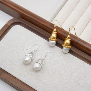 24K Real Gold Electro - Plated & Platinum- Plated Brass Gold/silver Double Hat with Natural Pearl Earrings