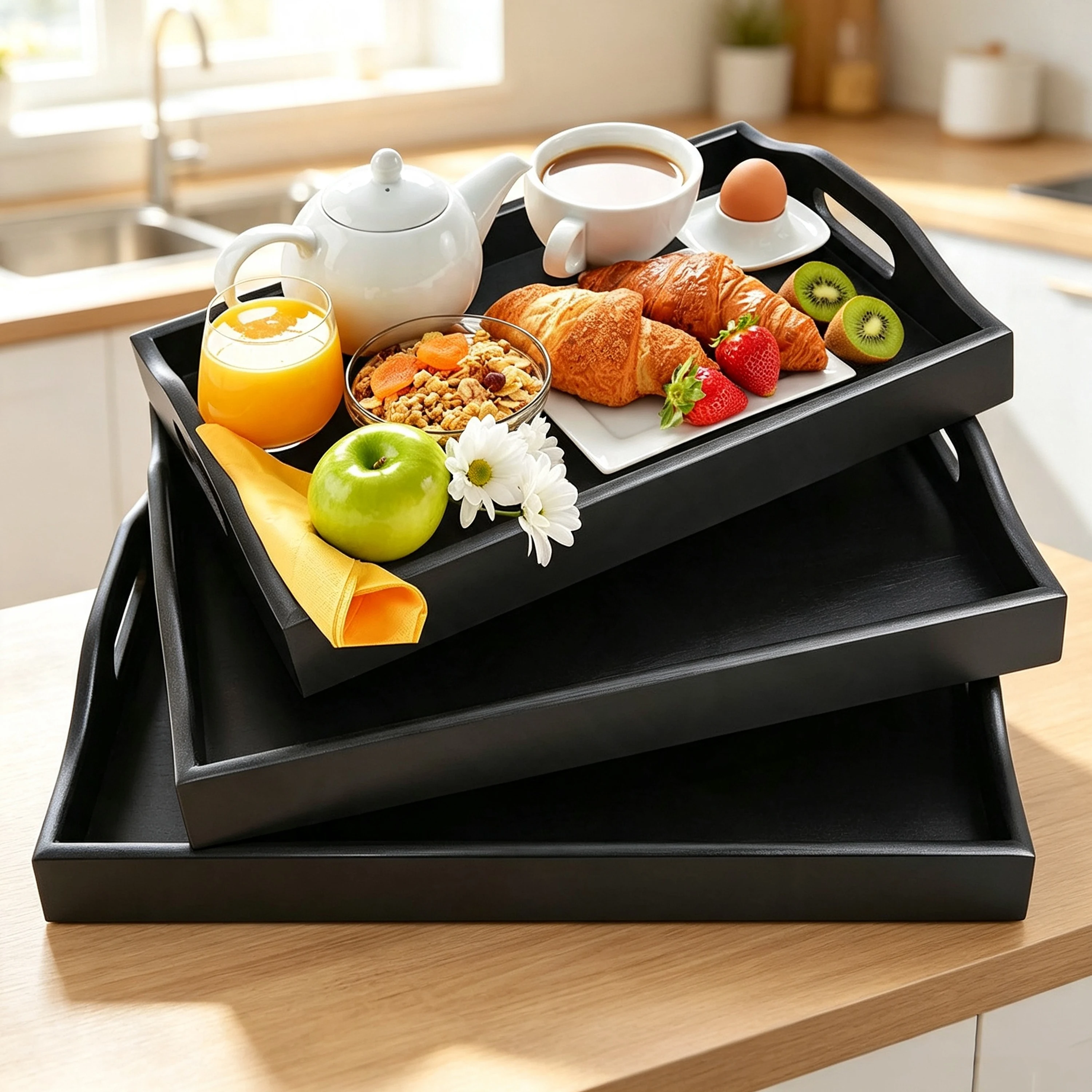 Bamboo Serving Tray Set of 3 Black Nesting Rectangular Trays with Cut-out Handles for Breakfast Coffee Table Home Kitchen Decor