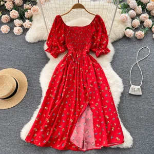Wholesale Ladies Dress for Women Elegant Custom Fashion O-neck Romantic Floral Knitted Printing Split Long Puff Casual Dresses