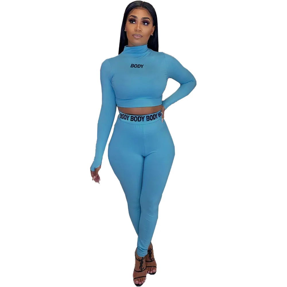 Women 2 Piece Outfits Long Sleeve Crop Top Pants Set Casual