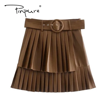 Fashion New Arrival Sexy Belt Casual Midi Leather Pleated Women's Plated Skirt Khaki R30296S 2022 Wholesale Spring Mini 2 Pieces