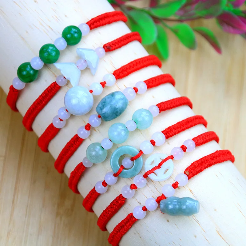 Good Luck Red String Handmade Adjustable Red Rope Light Green Natural Jade Gourd Pixiu Jade Donut Bracelet for Women Men
