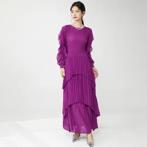 Miyake Fashion Dress Autumn Crew Neck Long Sleeve Irregular Solid Color Temperament Elegant Dress Women