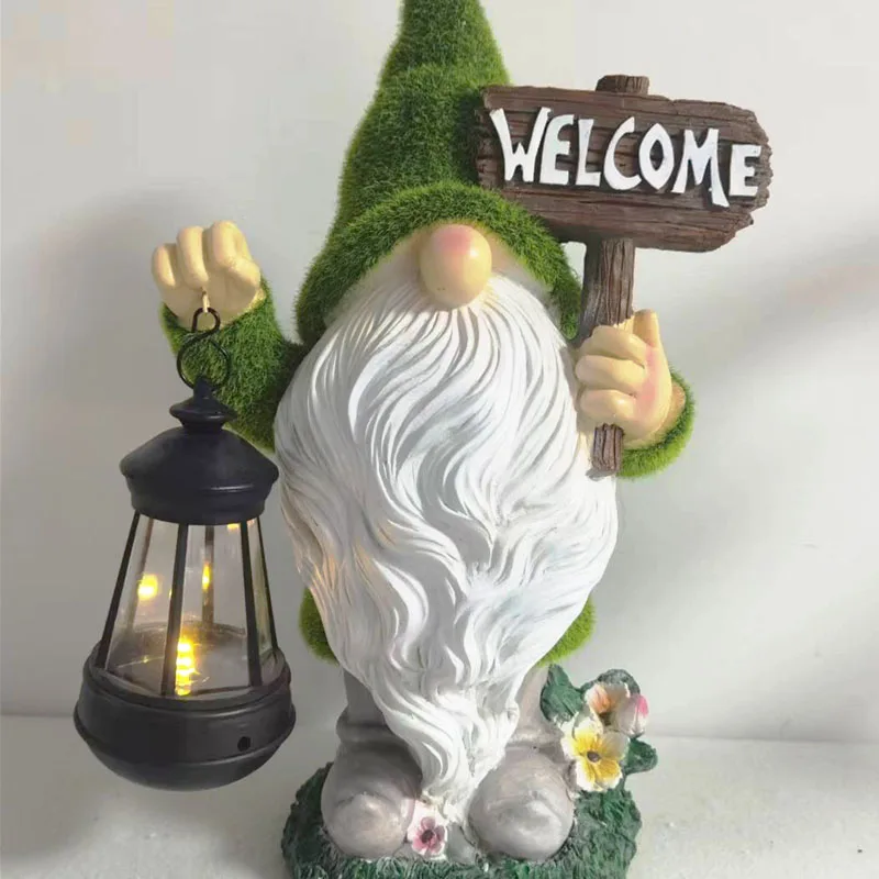 Flocked Large Garden Gnome Outdoor Statues Decor Holding Lantern With ...