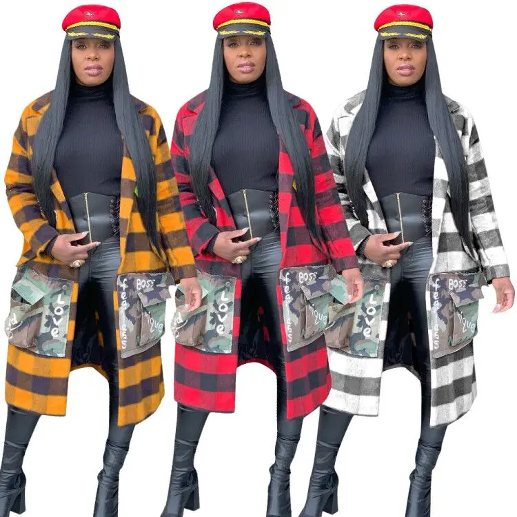 Women Long Coat Plaid Grid Printed 