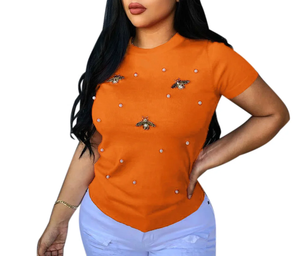 Новинка 2022, модные повседневные топы, женская летняя футболка с коротким рукавом и бусинами, женская простая однотонная дизайнерская футболка