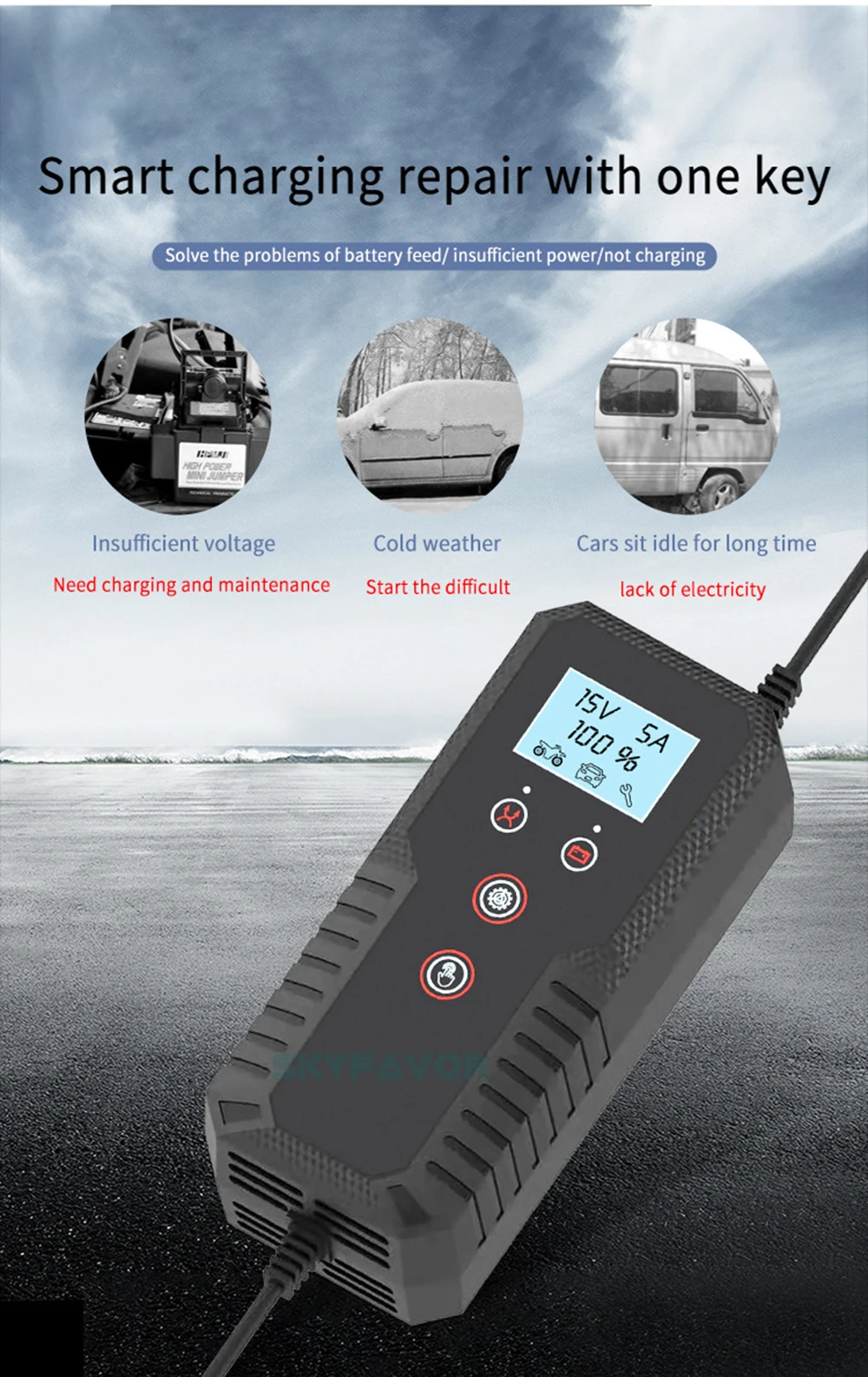 LCD display car motorcycle battery charger 6V 12V 15A FAST Universal pulse Repair battery charger for 6V 12V lead acid batteries