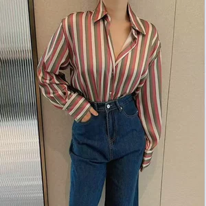 853 Fashion Women Shirt Women Boutique Lapel Satin Long Sleeve Stripped Elegant Tops Ladies Sexy Blouses & Shirt