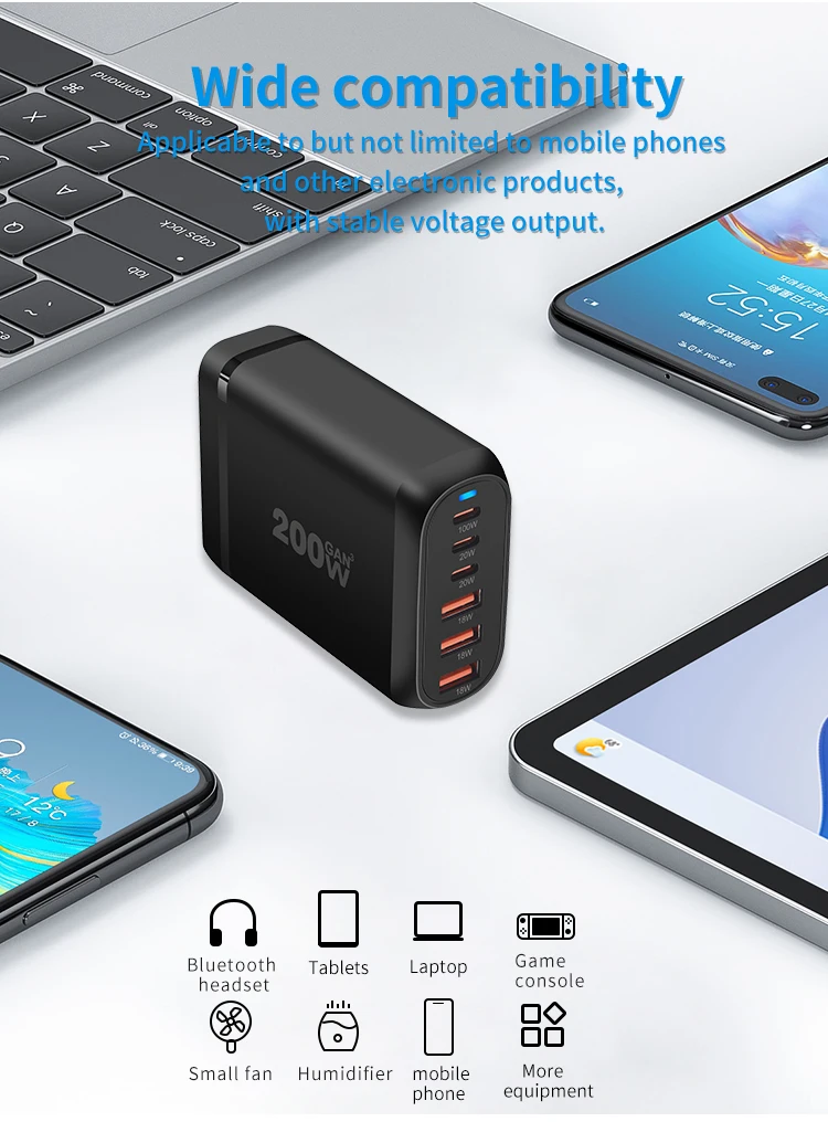 200W USB C充电器C型PD 100W GaN快速充电多6端口台式机充电器站,适用于iPhone iPad平板电脑和笔记本电脑