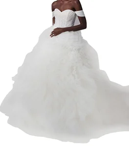 Sweet Bridal Wedding Dresses Illusion Off Shoulder Pleated Tulle Ball Gown With Ruffle Skirt and Detachable Straps