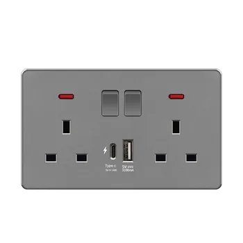 Grey UK 13A light button switch, universal Usb C 18W Smart Fast Charging Power Socket, 220V electrical Outlet switch wall