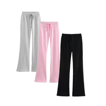 Women's Comfortable Casual Spring New Models High Waist Elastic Bell-Bottom Pants with Flare Front Style Flat Plain Dyed