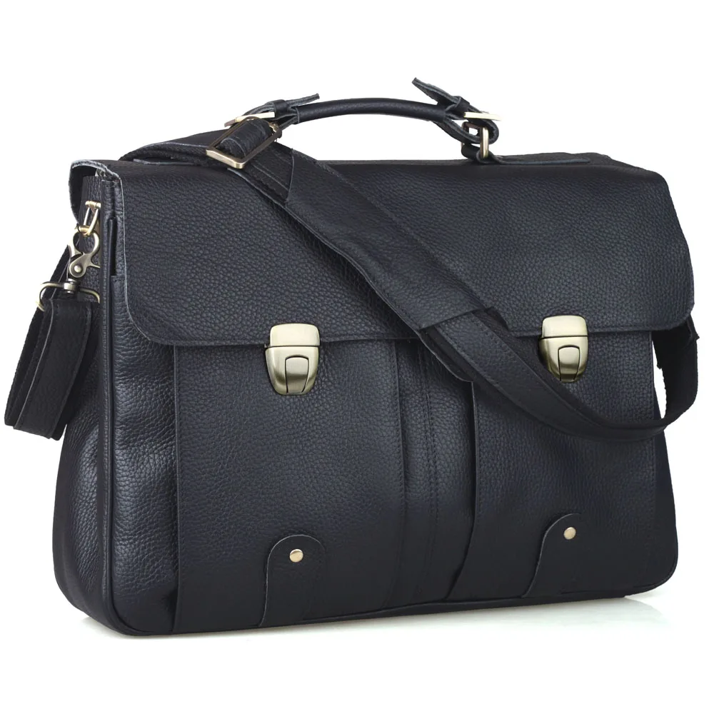 TIDING Custom Logo Top Grain Genuine Leather Waterproof Soft Black Men Full Grain Cowhide Leather Office Briefcase Bags